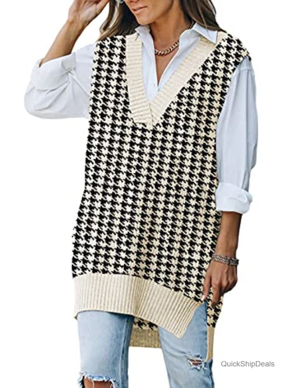 Oversized Knit Sweater Vest V Neck Sleeveless Tunic Pullover Top